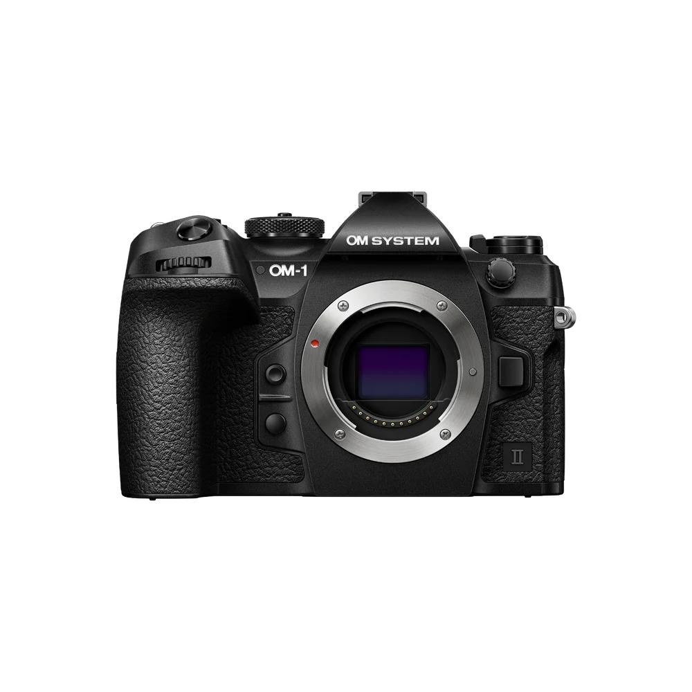 Black OM System OM-1 Mark II mirrorless camera body viewed from the front