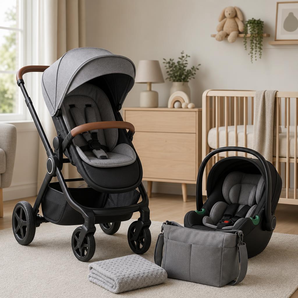 Original baby equipment editorial with pushchair, infant car seat and changing bag in a calm nursery