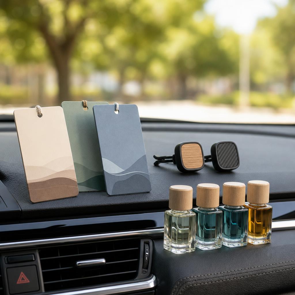 Original editorial showing closed car fragrance products beside a clean dashboard