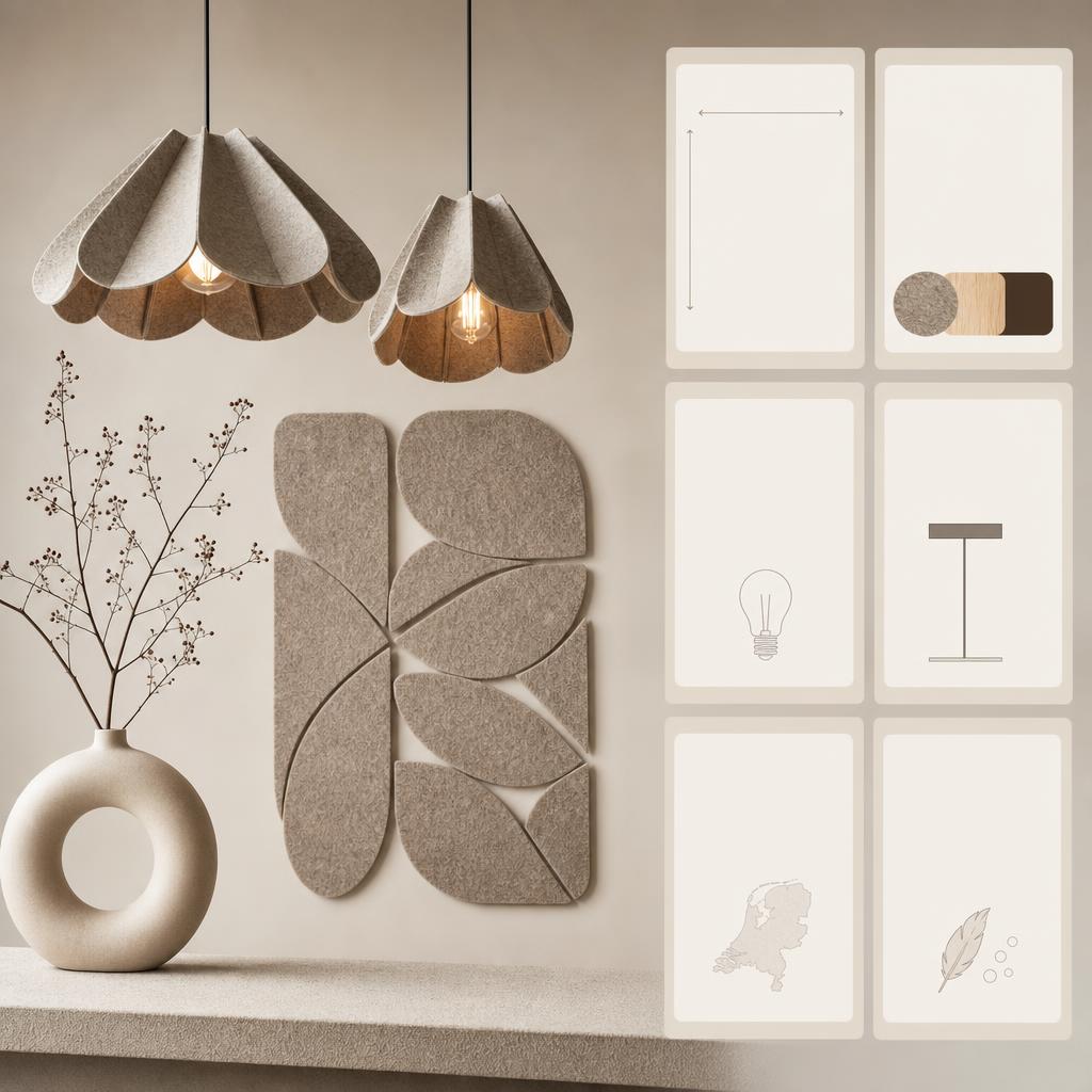Original Van Tjalle en Jasper NL editorial for Dutch handmade design lighting, vases and felt wall decoration