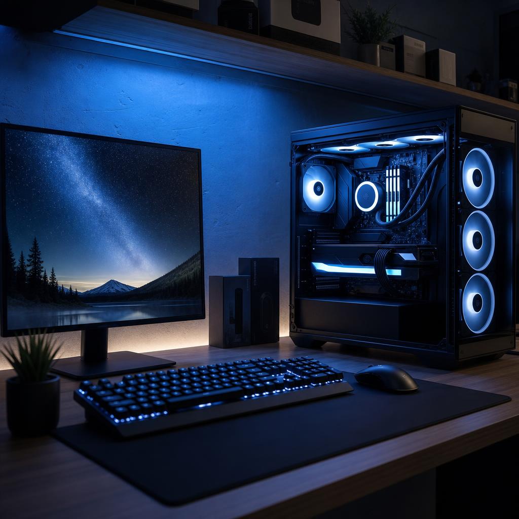 Original custom-computer editorial with desktop tower, components, monitor and keyboard