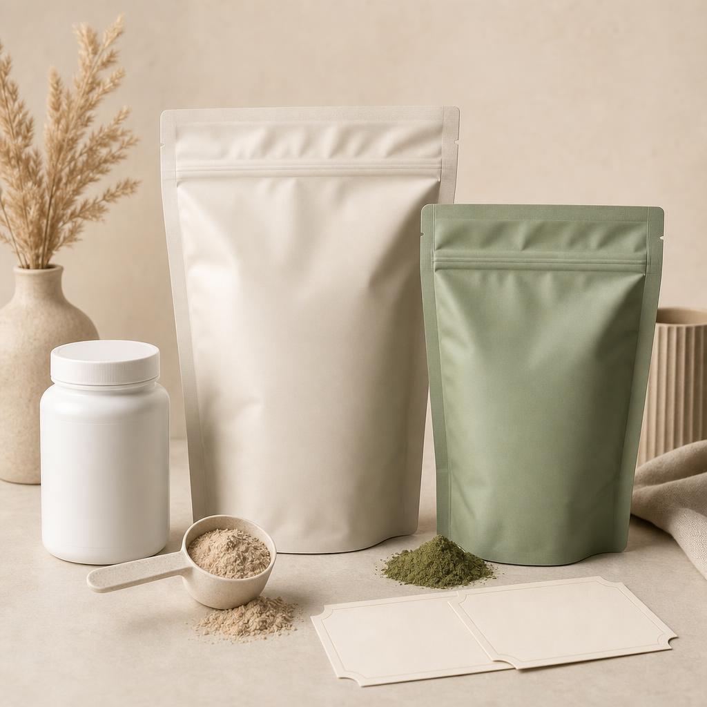 Original conservative nutrition editorial with sealed powders, supplement bottle and ingredient cards