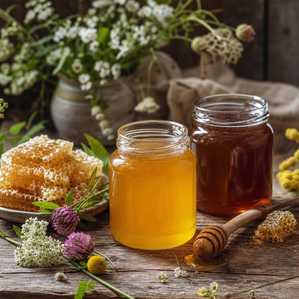 Original British-honey editorial with light and dark jars, dipper, honeycomb and flowers
