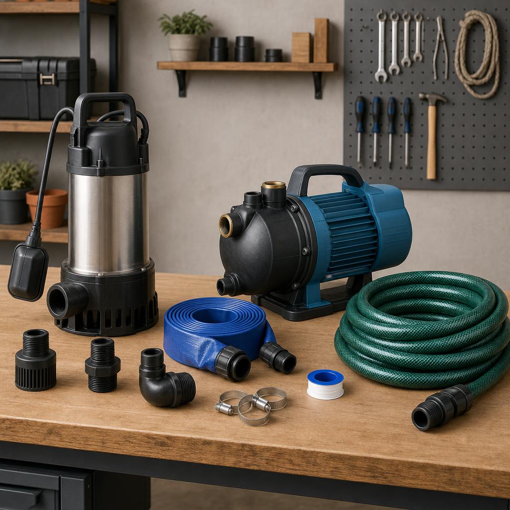 Original water-pump equipment editorial with submersible pump, garden pump, hoses and fittings