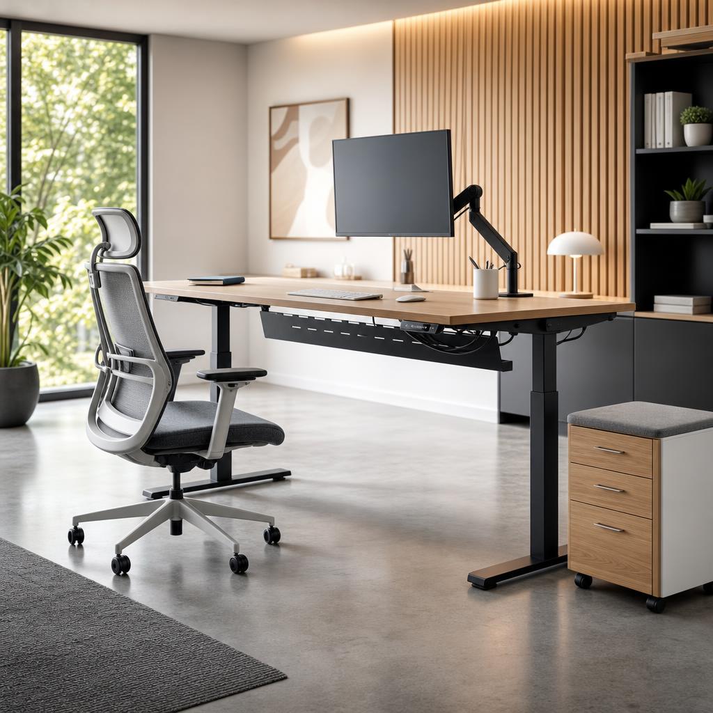 Original modern office with height-adjustable desk, chair, monitor arm and cable tray