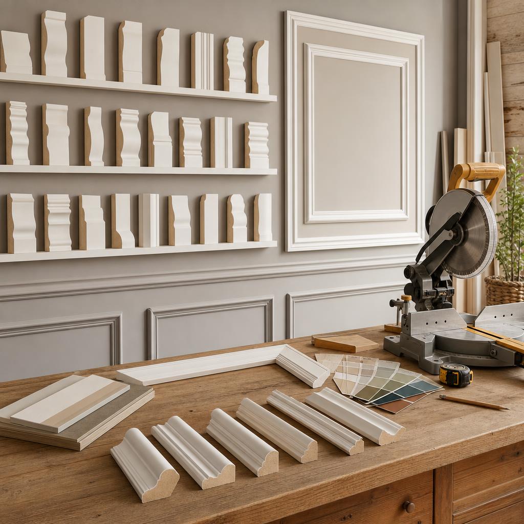 Original interior-mouldings editorial with skirting, architrave, panel profiles, guide and tape measure