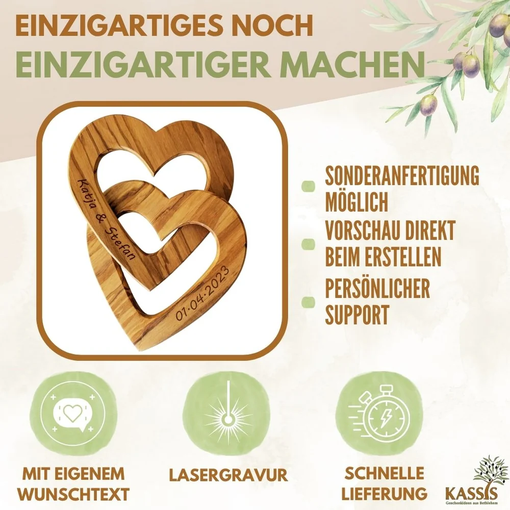 Personalized olive-wood joined hearts from Kassis