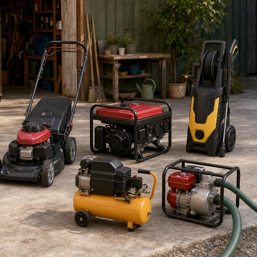 Original power-equipment editorial with mower, generator, washer, compressor and pump