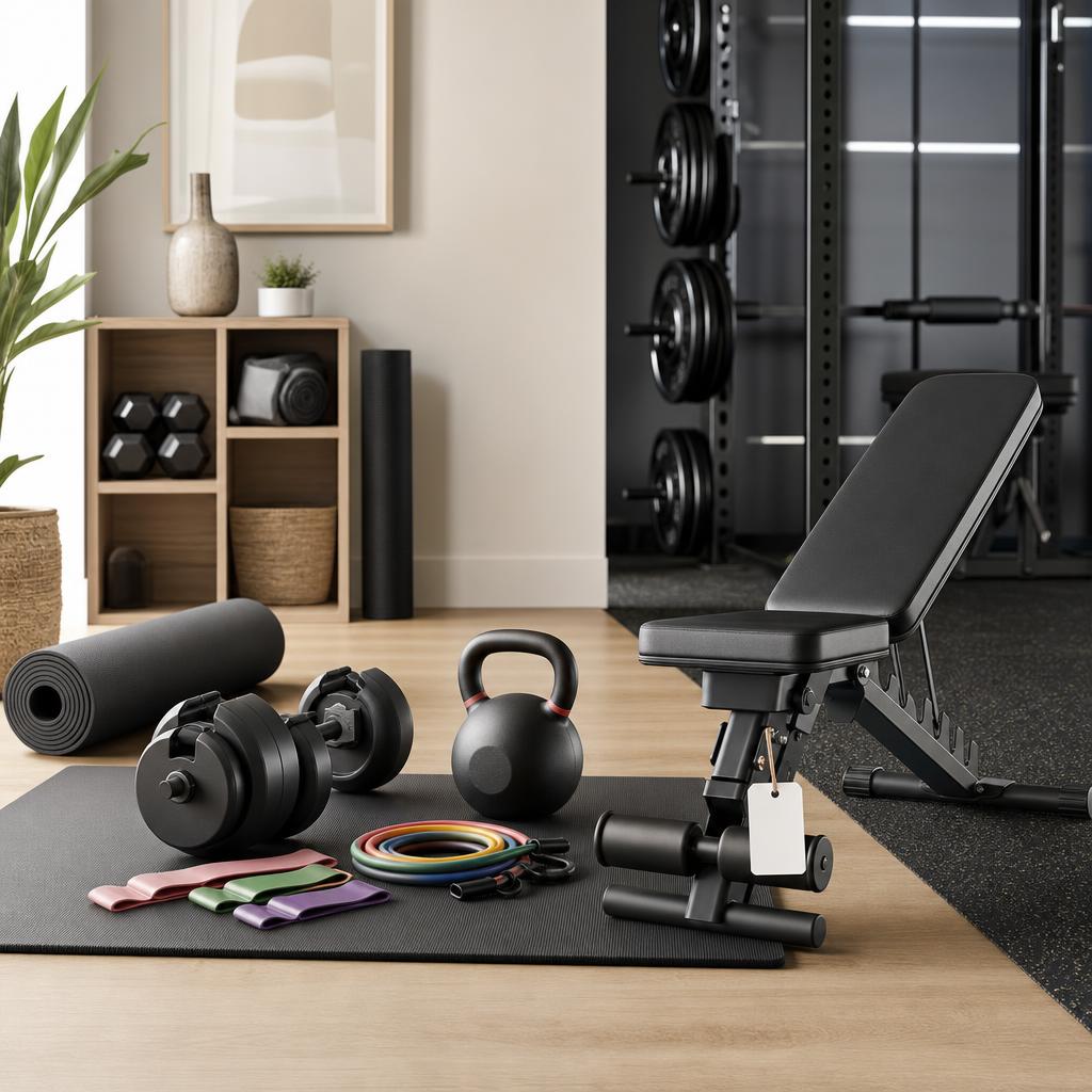 Original fitness-equipment editorial with dumbbells, bands, kettlebell, mat and bench