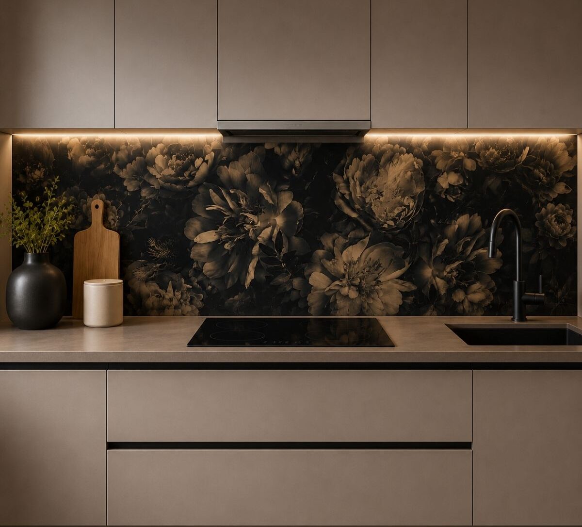 Decorative kitchen splashback behind a hob by Custom Splashbacks