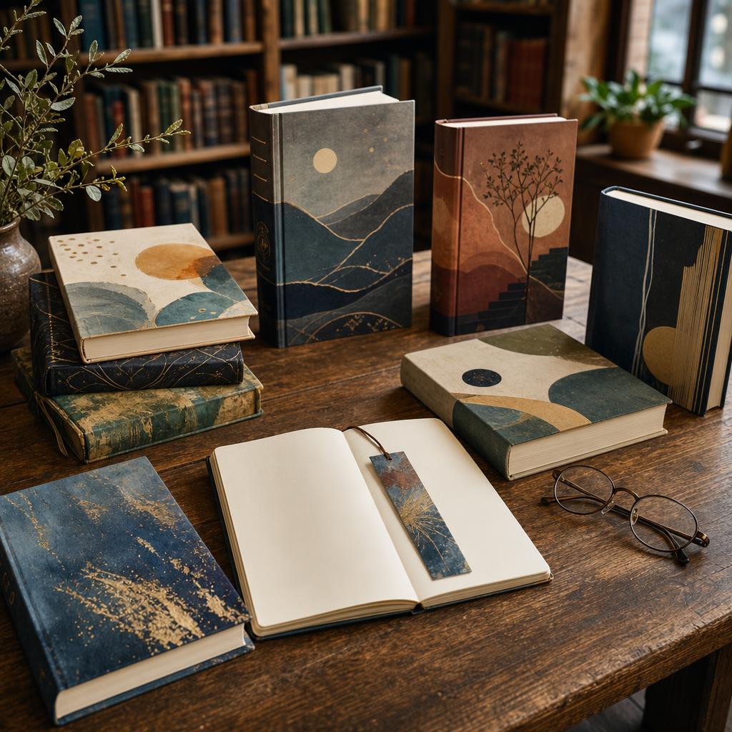 Original bookshop editorial with varied closed books, blank journal, bookmark and reading glasses