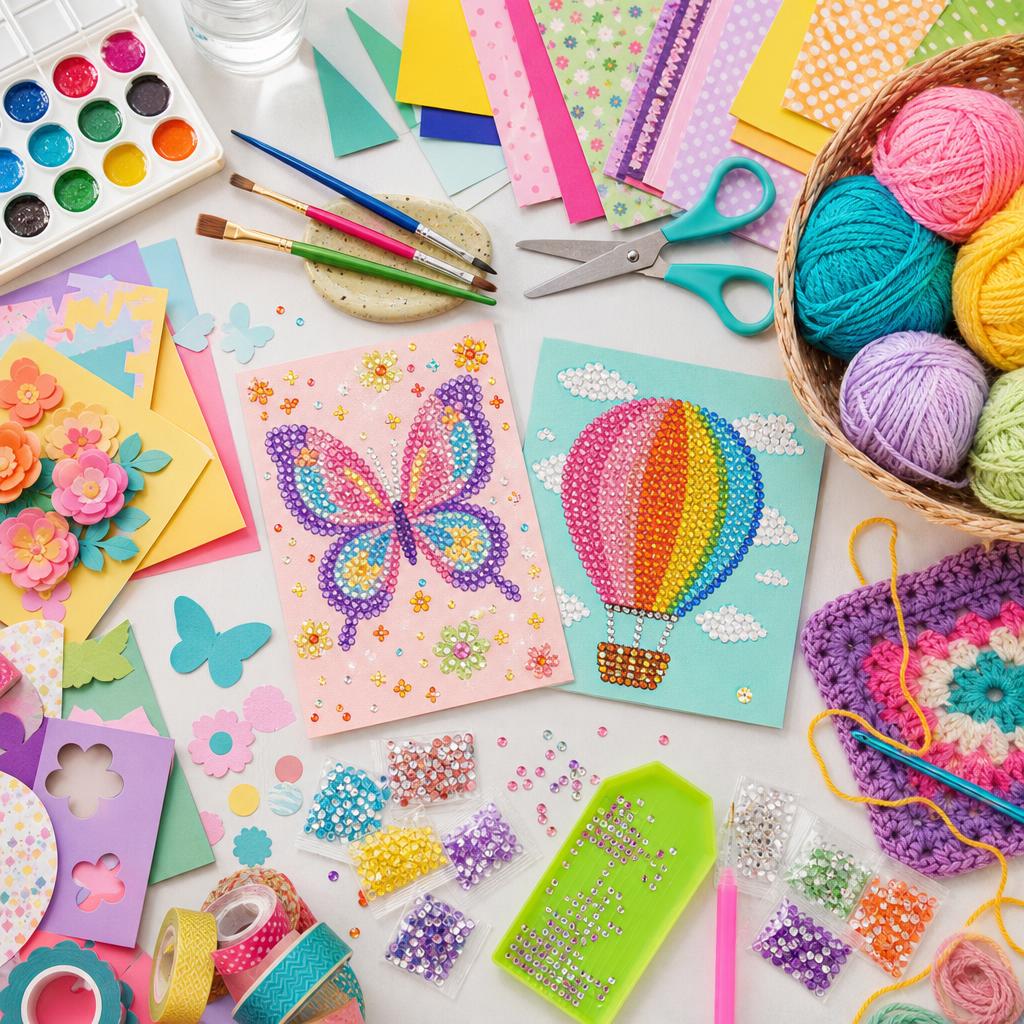 Original editorial flat lay of colourful art and craft kit materials on a clean table