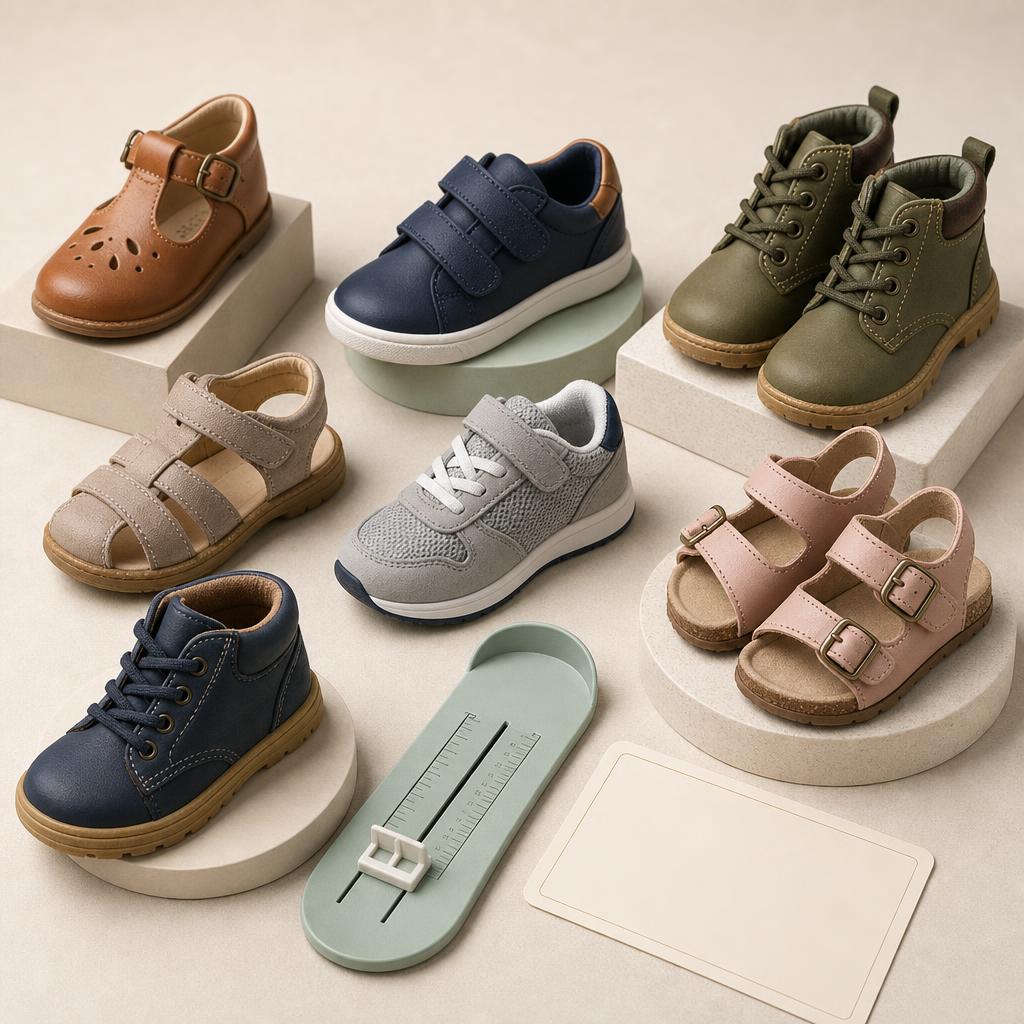 Original children’s footwear editorial with shoes, trainers, sandals, boots and measuring gauge