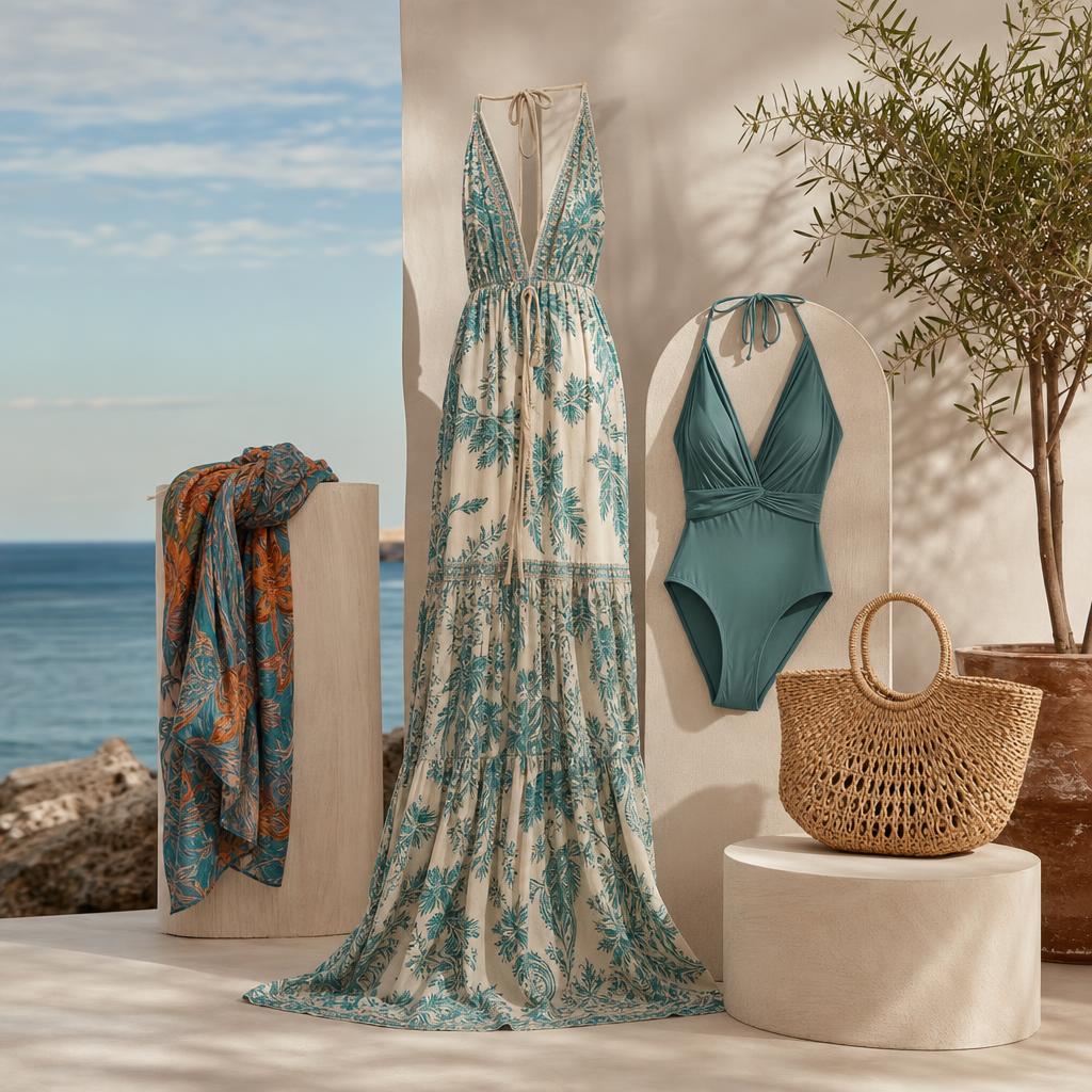 Original resort-fashion editorial with maxi dress, sarong, swimsuit and woven bag on coastal plinths