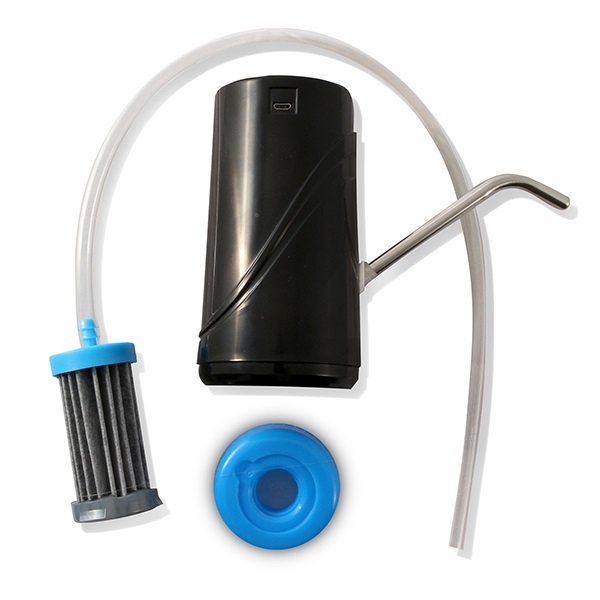 Portable water purification filter, pump, tubing, and blue cap arranged on white