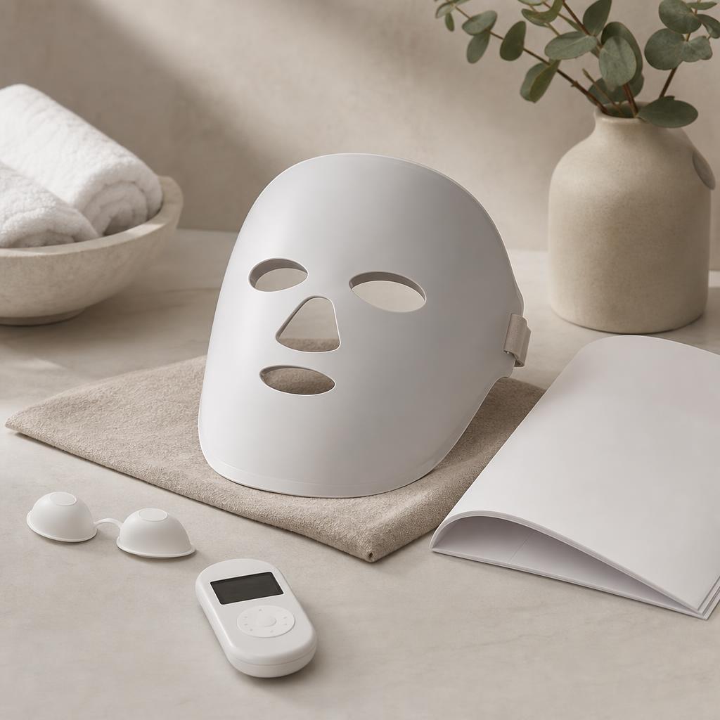 Original conservative LED-mask editorial with unbranded device, eye inserts, timer and blank instructions