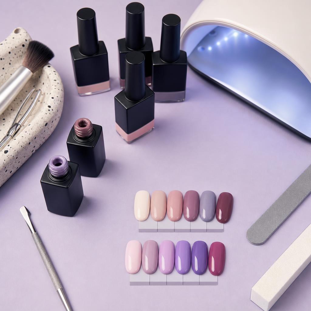 Original editorial flat lay of gel nail products, manicure lamp and colour swatches