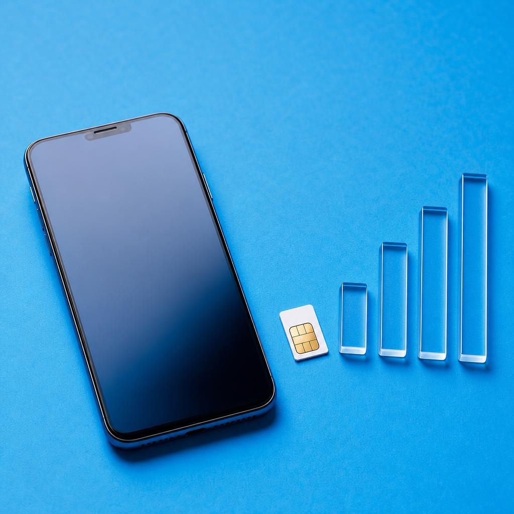 Original editorial image of a smartphone and unbranded SIM card on a blue studio surface