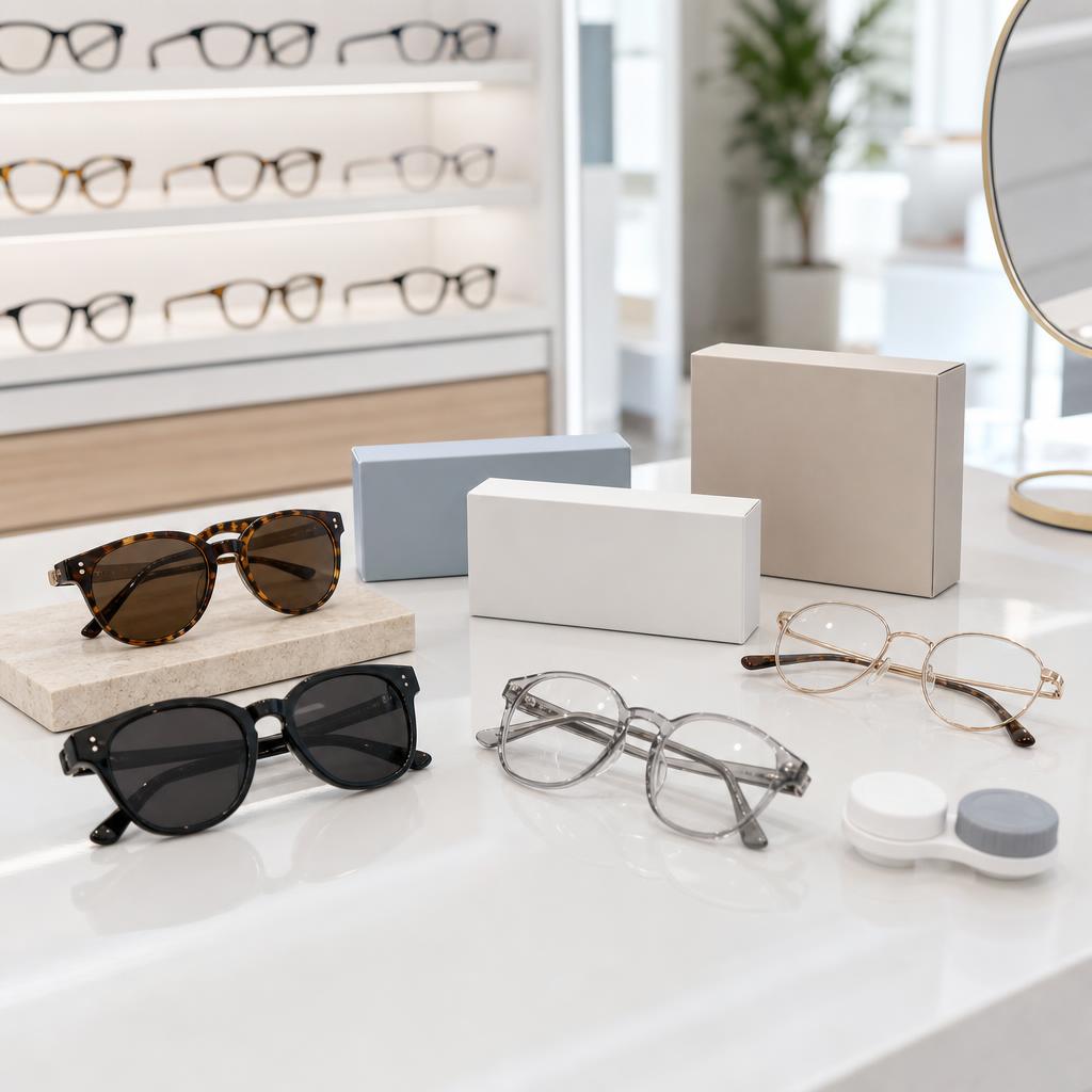 Original optical editorial with sunglasses, eyeglass frames, contact lens boxes and clean lens case