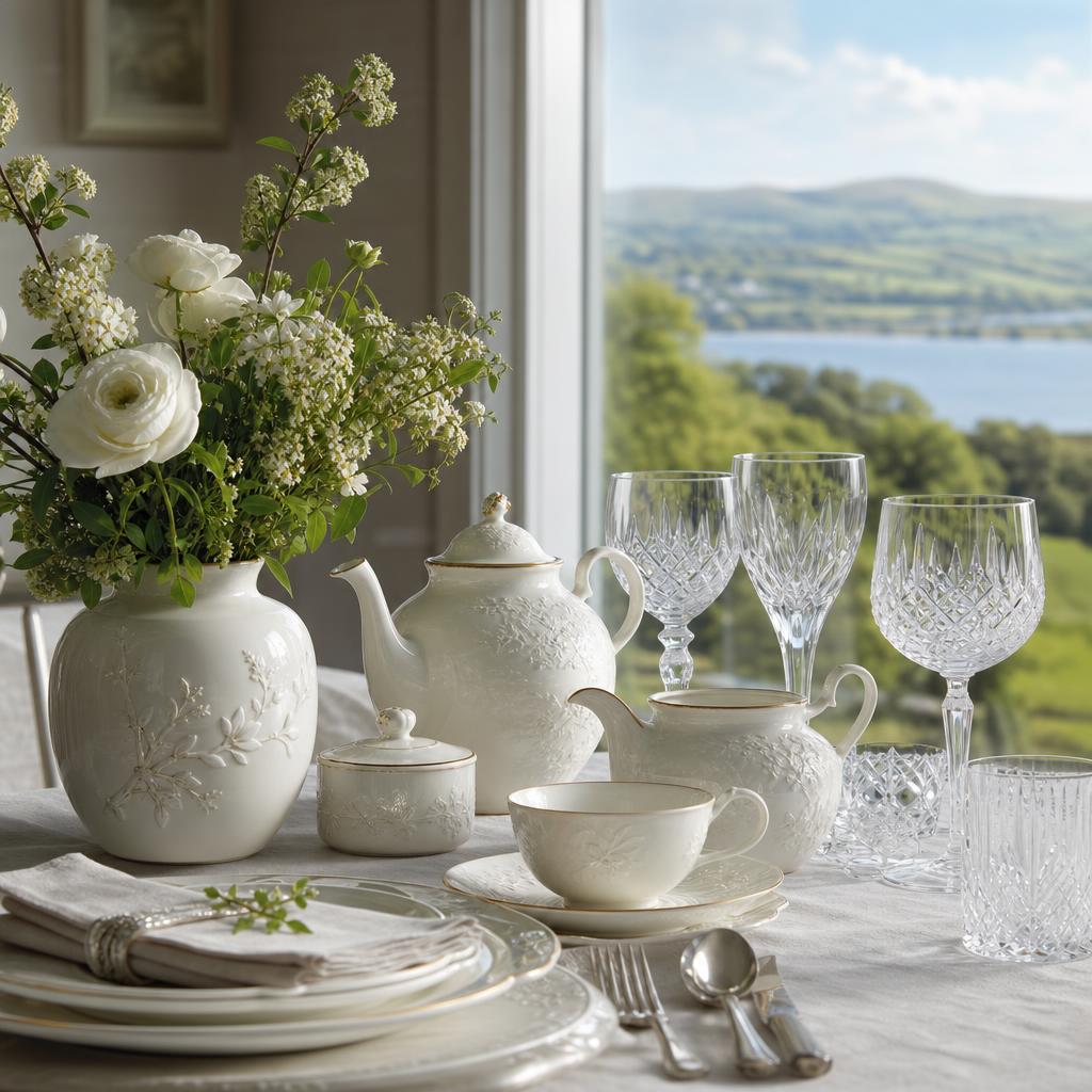 Original editorial still life of white porcelain, tea ware and clear crystal glassware
