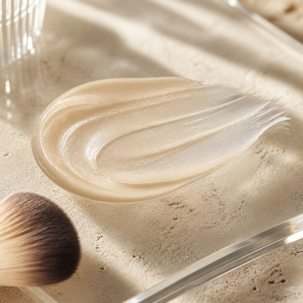 A pearlescent champagne cream swatch on glass, with a makeup brush at the edge.
