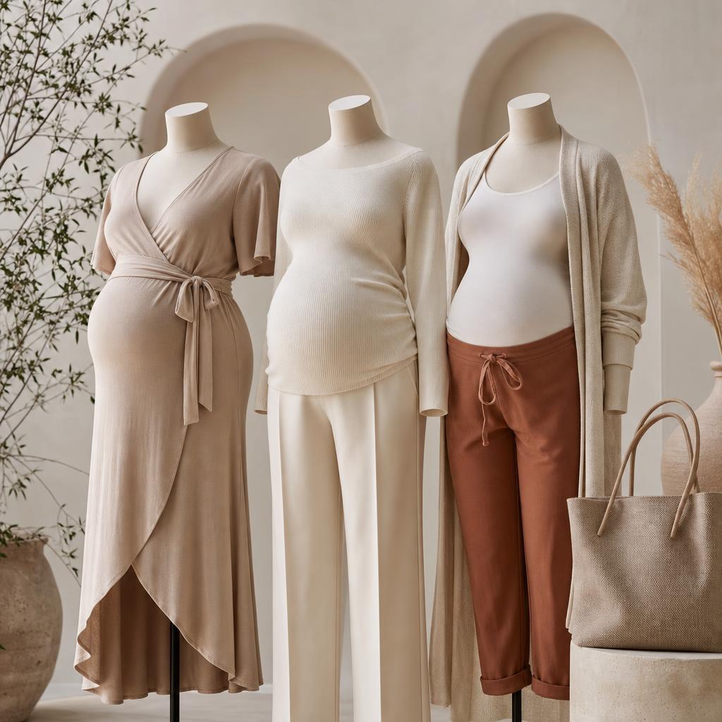 Original maternity fashion editorial with wrap dress, knit top, trousers and tote on rounded mannequins