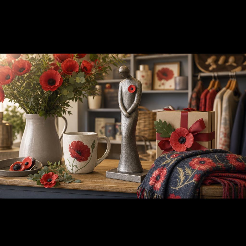 Original commemorative-shop editorial with tasteful figure, red floral motif, mug, scarf and gift box