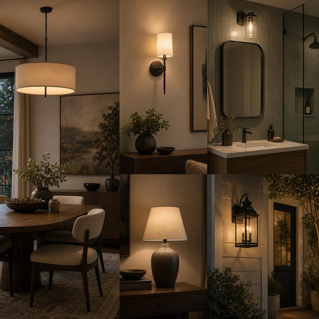 Original residential-lighting editorial with pendant, wall, table, bathroom and outdoor lights