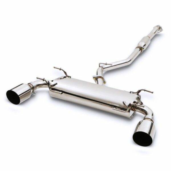 Polished twin-exit performance exhaust system on a white background
