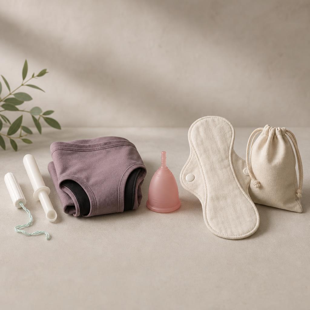 Original tasteful menstrual-product editorial with tampon, period underwear, cup, pad and pouch
