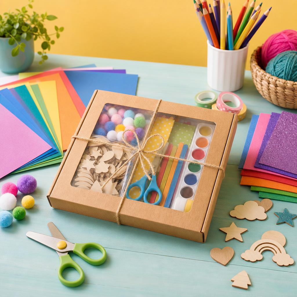 Original craft supplies editorial with kit, paper, pom-poms, safety scissors, paints and wooden shapes