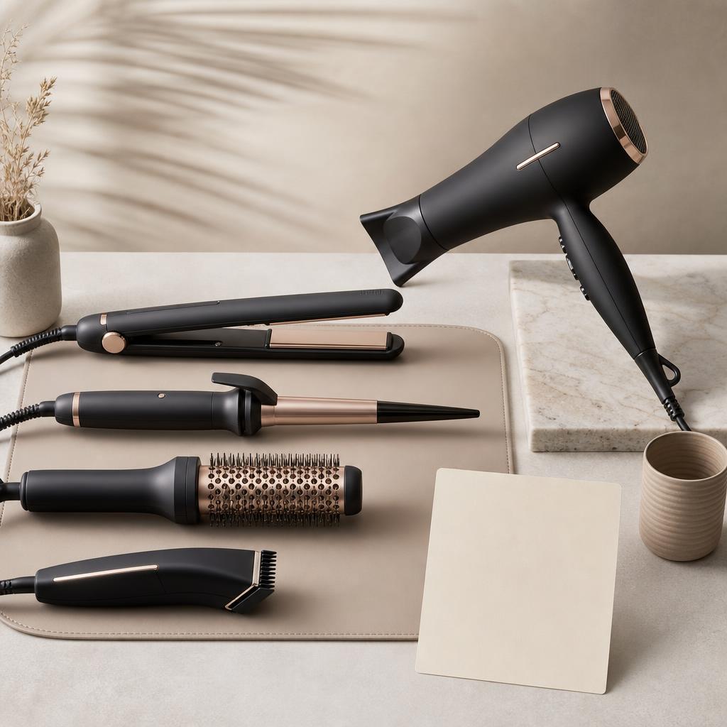 Original hair-styling electrical editorial with dryer, straightener, curler, brush and trimmer