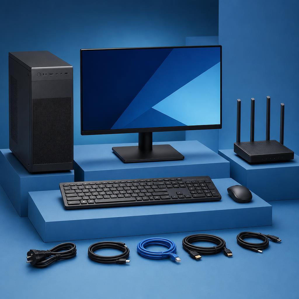 Original consumer technology editorial with computer, monitor, router, keyboard and cables