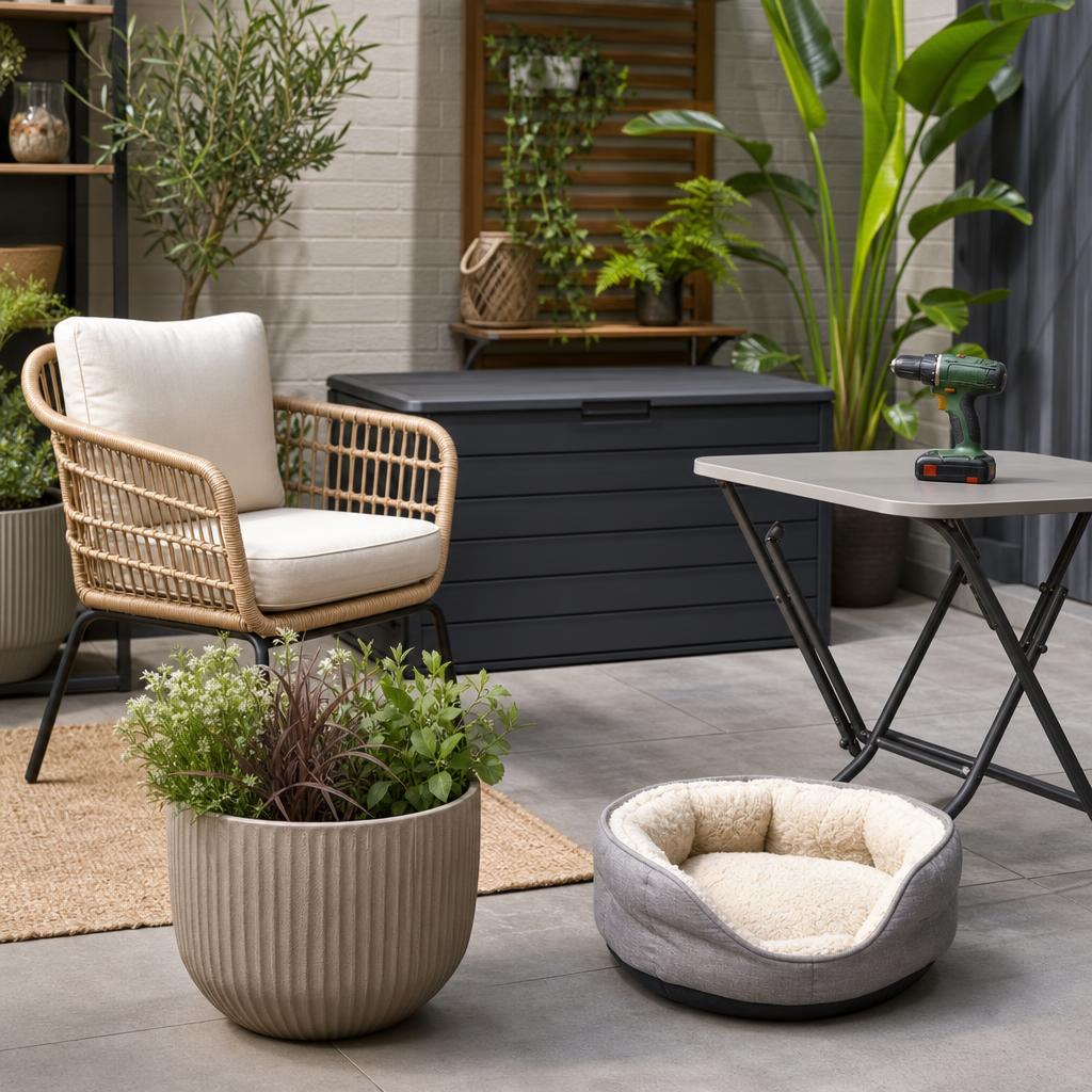 Original home-and-garden retailer editorial with patio chair, storage, planter, drill, table and pet bed