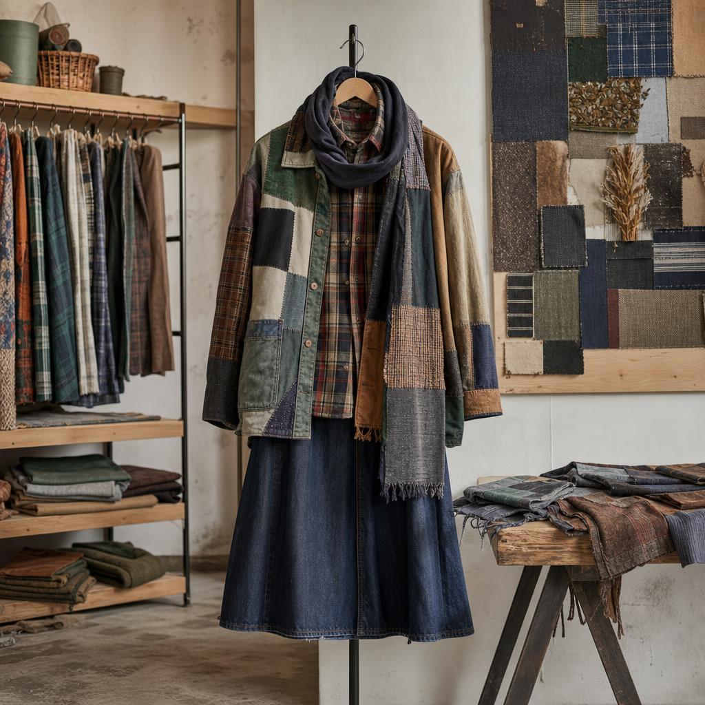 Original streetwear editorial with upcycled jacket, tartan shirt, scarf and vintage textiles