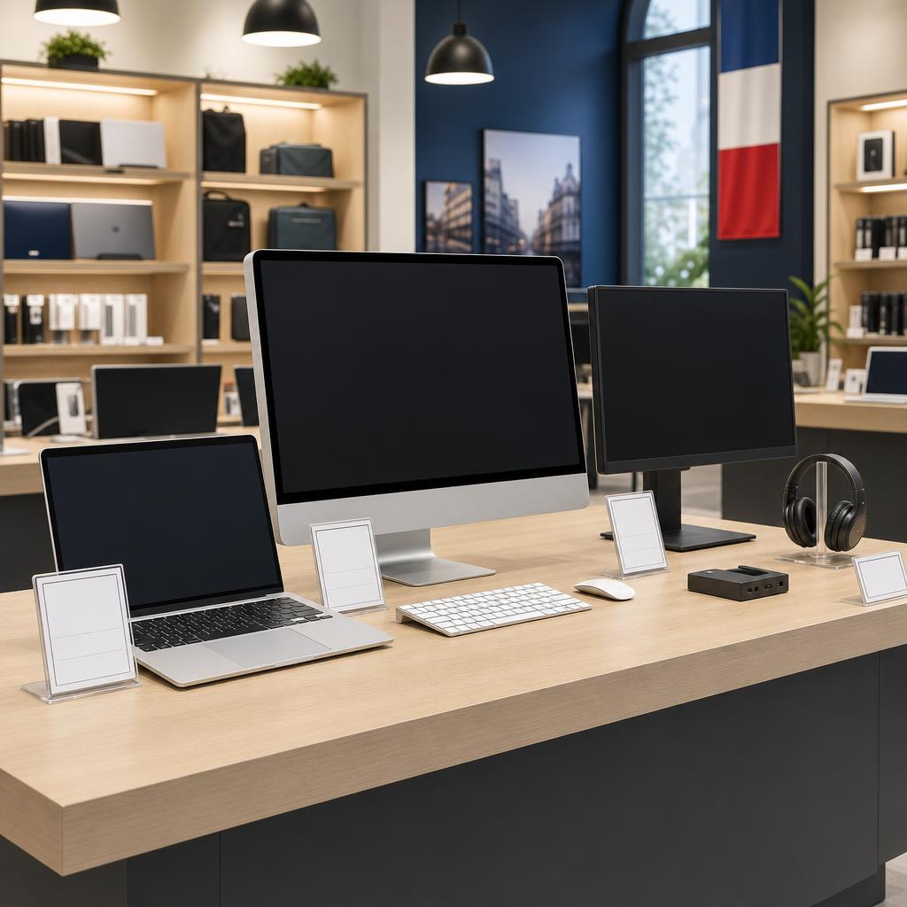 Confirm model, configuration, keyboard, French warranty, delivery and returns.