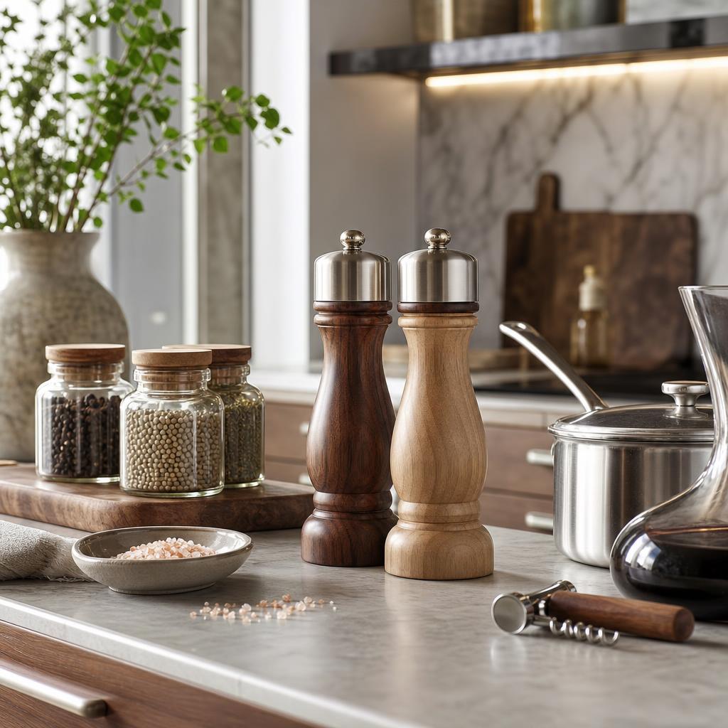 Original kitchen-mill editorial with wood and metal mills, spices, saucepan and accessory