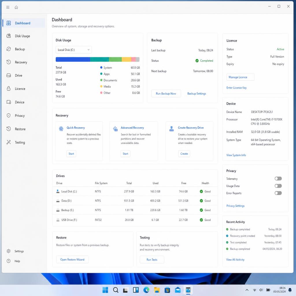 Original photographic O&O Software editorial for Windows disk, backup, recovery and system utility software