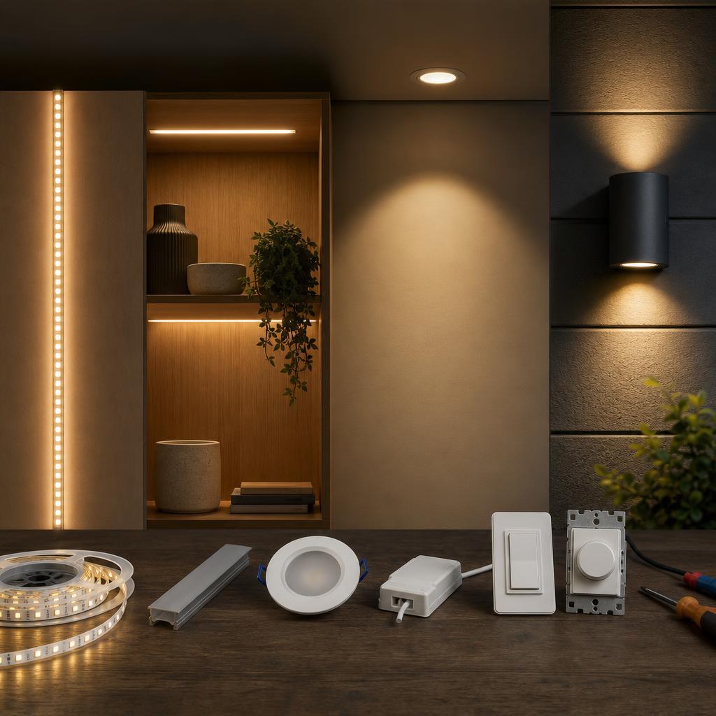 Original lighting editorial with LED strip, cabinet light, downlight and installation components