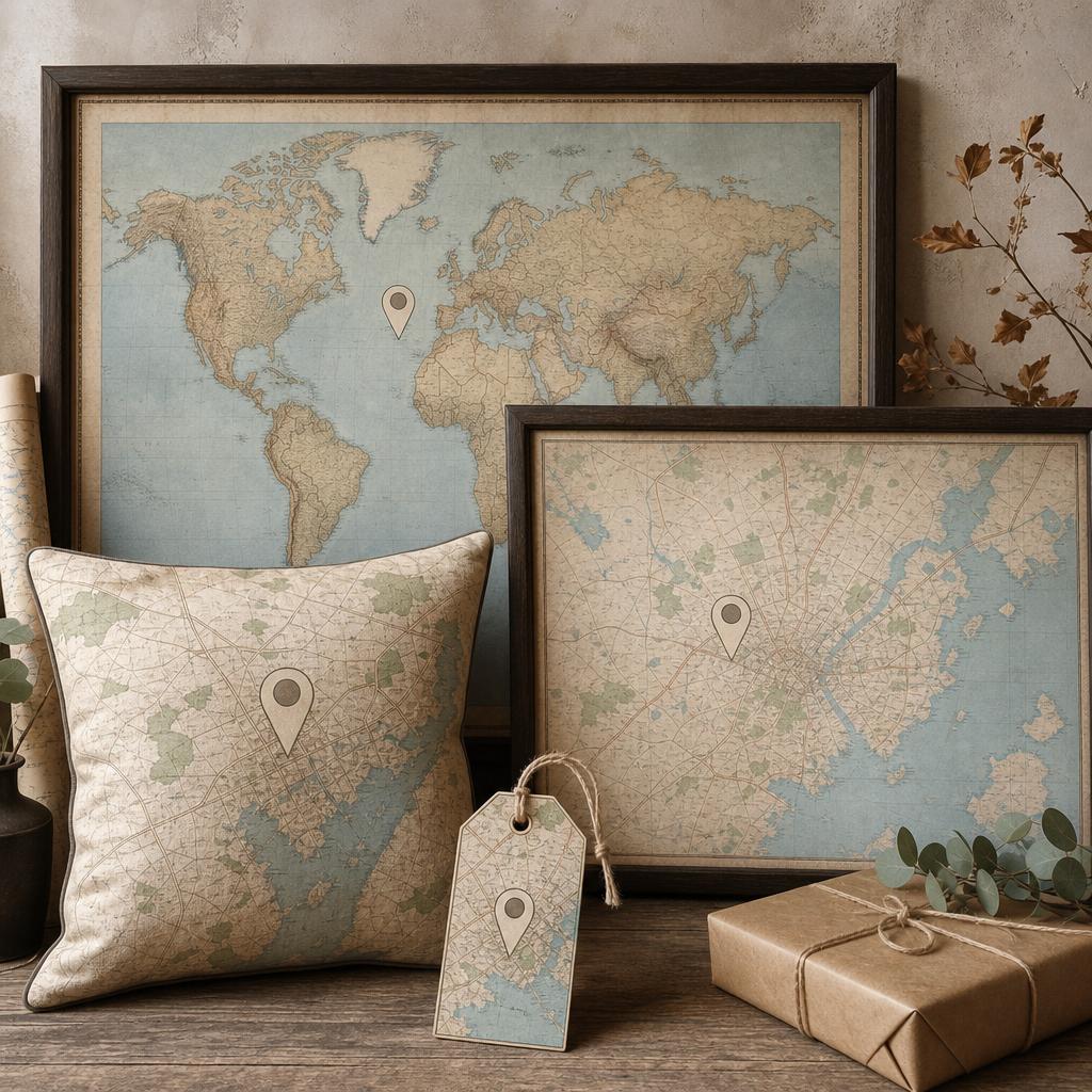 Original personalised-map editorial with framed maps, blank markers, cushion and gift tag