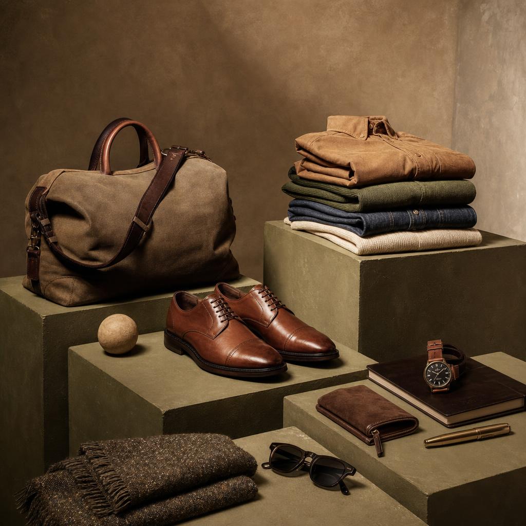 Original lifestyle fashion editorial with shoes, bag, folded clothing and travel accessories