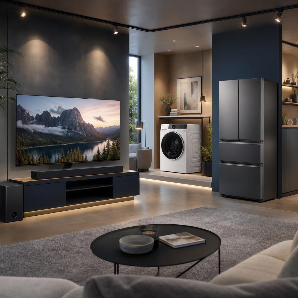 Original consumer electronics showroom with television, washing machine, refrigerator and soundbar