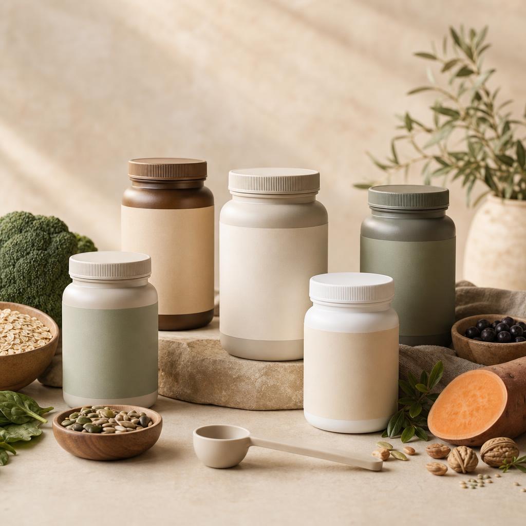 Original conservative supplement editorial with sealed jars and whole-food ingredients on cream