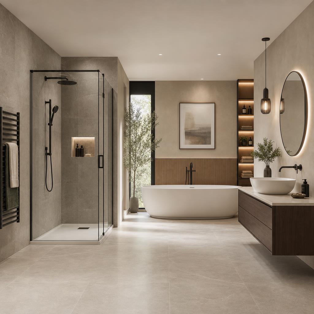 Original bathroom showroom with shower enclosure, bath, vanity, basin and taps