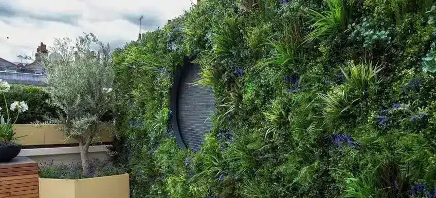 Dense artificial green wall with ferns and purple flowers installed beside a timber deck