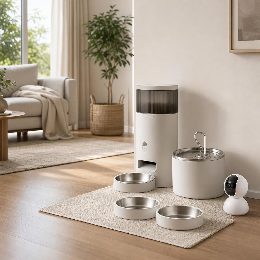 Original pet technology editorial with automatic feeder, water fountain and pet camera in a bright home
