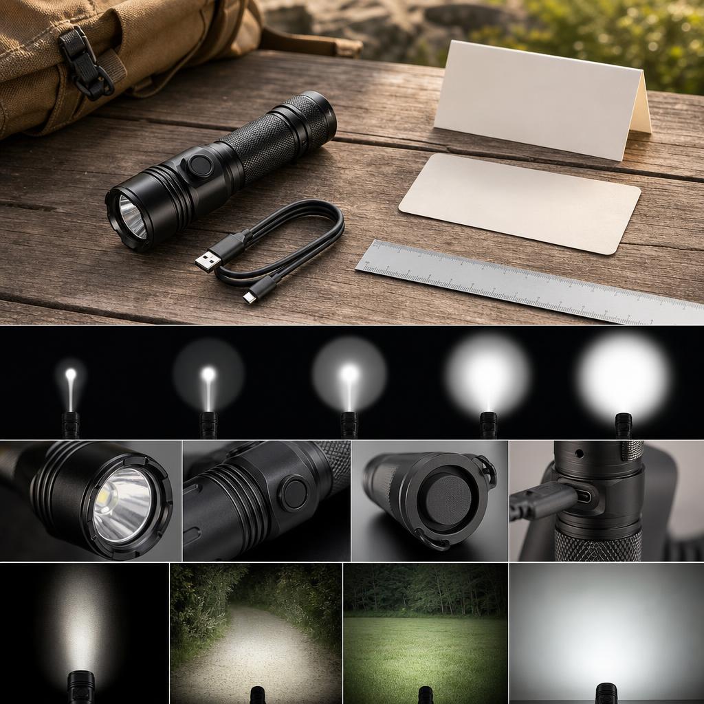 Original ordinary handheld torch editorial with rechargeable LED torch, USB-C cable and safety card