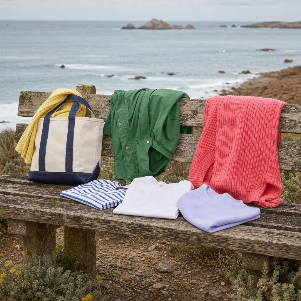 Original coastal casualwear editorial with colourful knitwear, T-shirts, jacket and canvas bag