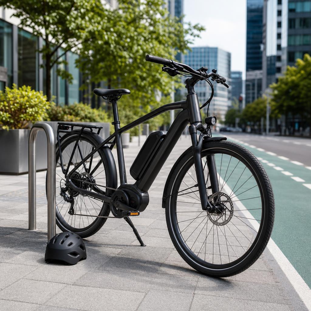 Original urban mobility editorial of an electric bicycle and helmet by a city cycle lane