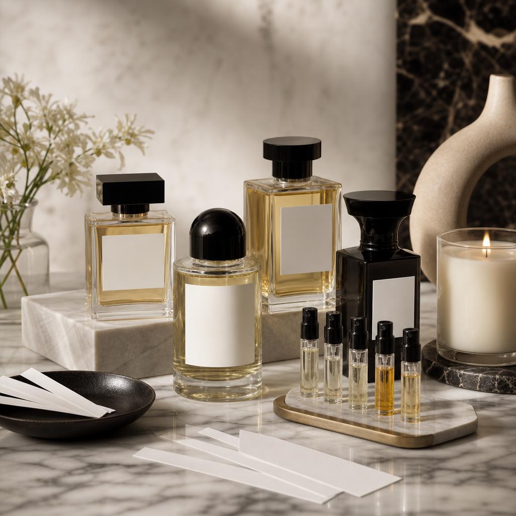 Original luxury-fragrance editorial with perfume, discovery vials, scent blotters and candle